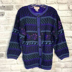 Vintage Woodward's Black Purple Stripe Floral Knit Button Up Cardigan Sweater